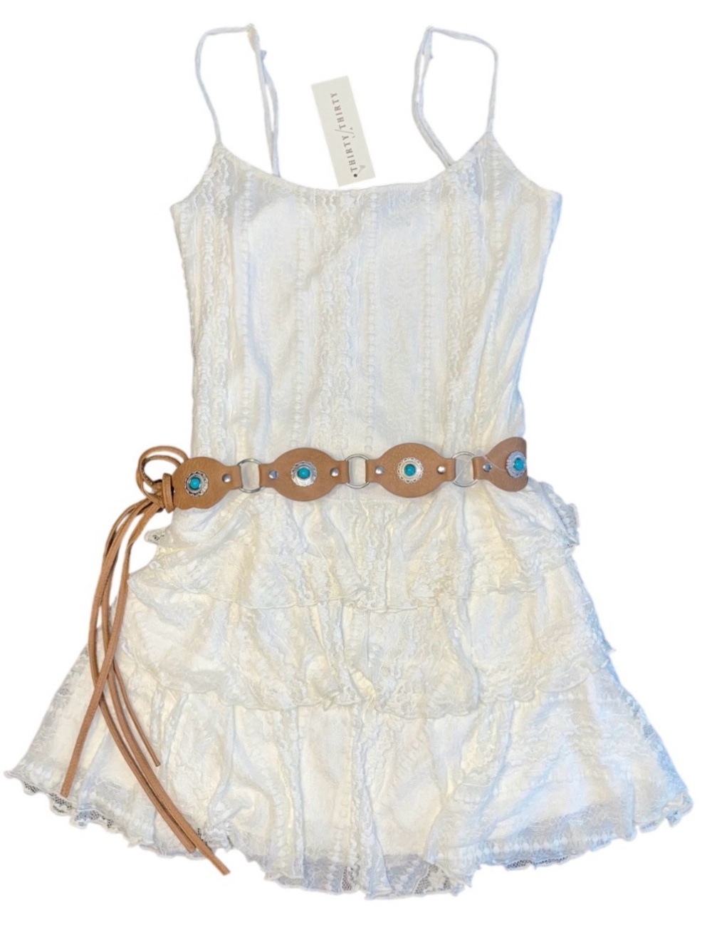 Thirty Thirty Beige Lace Tiered Western Mini Dress Belt Thin Strap Large NWT